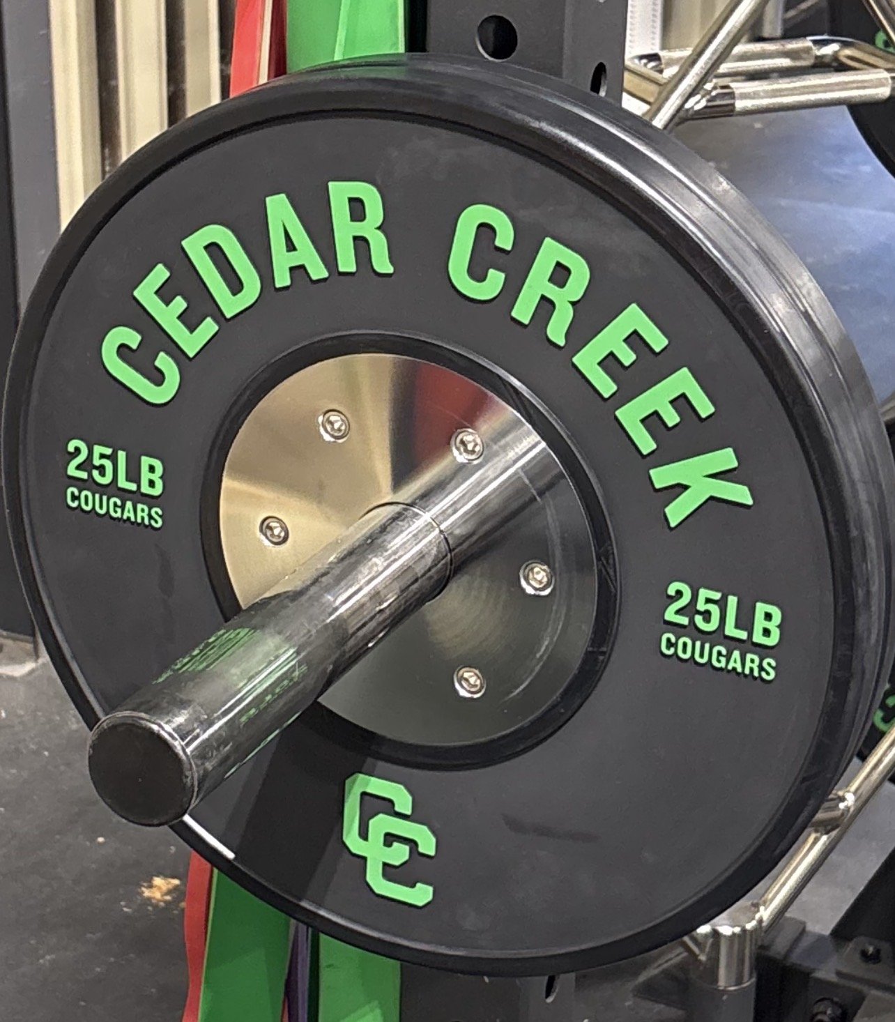 Cedar Creek bumper plate loaded on the bar